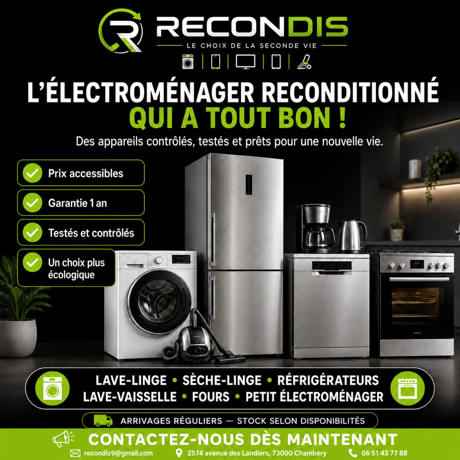 Électroménager reconditionné Recondis : lave-linge, réfrigérateur, lave-vaisselle et four
